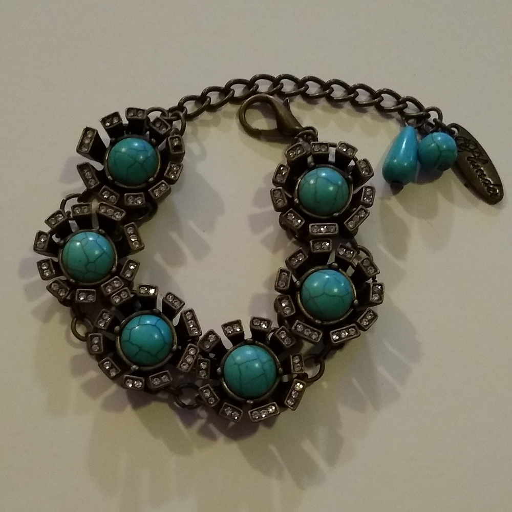 Flower Turquoise & Crystal Chained Bracelet
